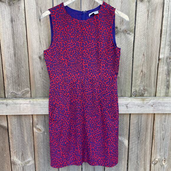 Diane Von Furstenberg Leopard Print Silk Blend Fit & Flare Dress Red Blue Size 6 - Picture 1 of 10